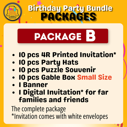 10-pc Birthday Bundle (Party Hats, Gable Boxes, Invitation Cards, Souvenirs, and a Banner)