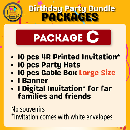 10-pc Birthday Bundle (Party Hats, Gable Boxes, Invitation Cards, Souvenirs, and a Banner)