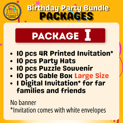 10-pc Birthday Bundle (Party Hats, Gable Boxes, Invitation Cards, Souvenirs, and a Banner)