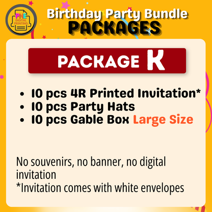 10-pc Birthday Bundle (Party Hats, Gable Boxes, Invitation Cards, Souvenirs, and a Banner)
