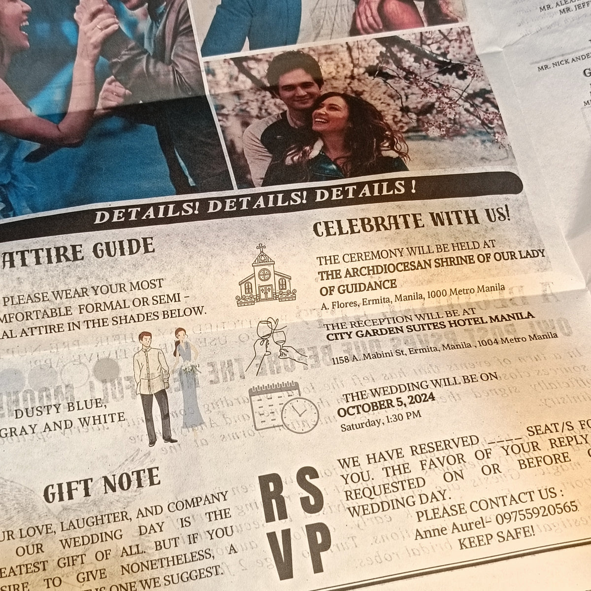 Newspaper Themed Wedding and Birthday Invitation (Harry Potter Daily Prophet available) Sold by bulk