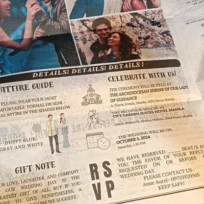 Newspaper Themed Wedding and Birthday Invitation (Harry Potter Daily Prophet available) Sold by bulk